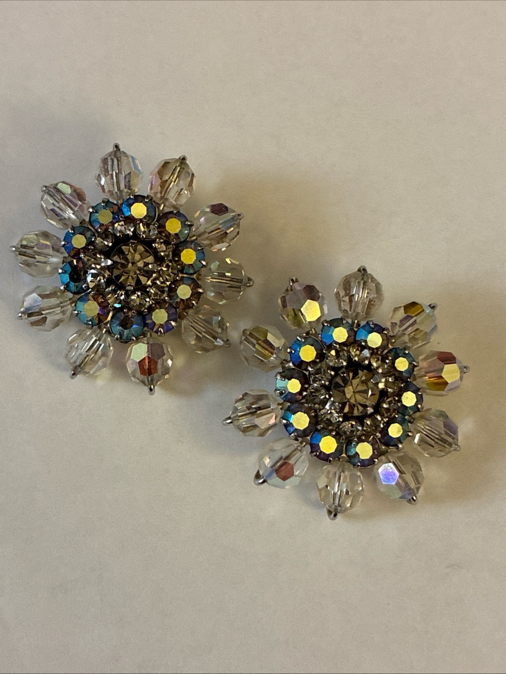 Vintage AB Crystal Clip Earrings with AB Rhinestone Centers